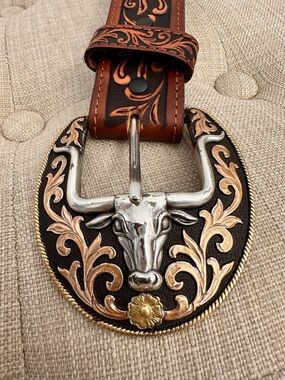 Tony Lama Western Tooled Leather Belt Longhorn Buckle Brown Fits 36
